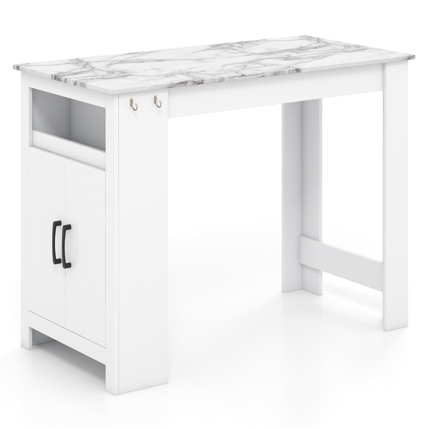 Faux Marble Bar Table with Storage Cabinet Hooks and Open Shelf for Dining or Kitchen