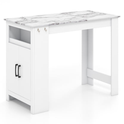 Faux Marble Bar Table with Storage Cabinet Hooks and Open Shelf for Dining or Kitchen
