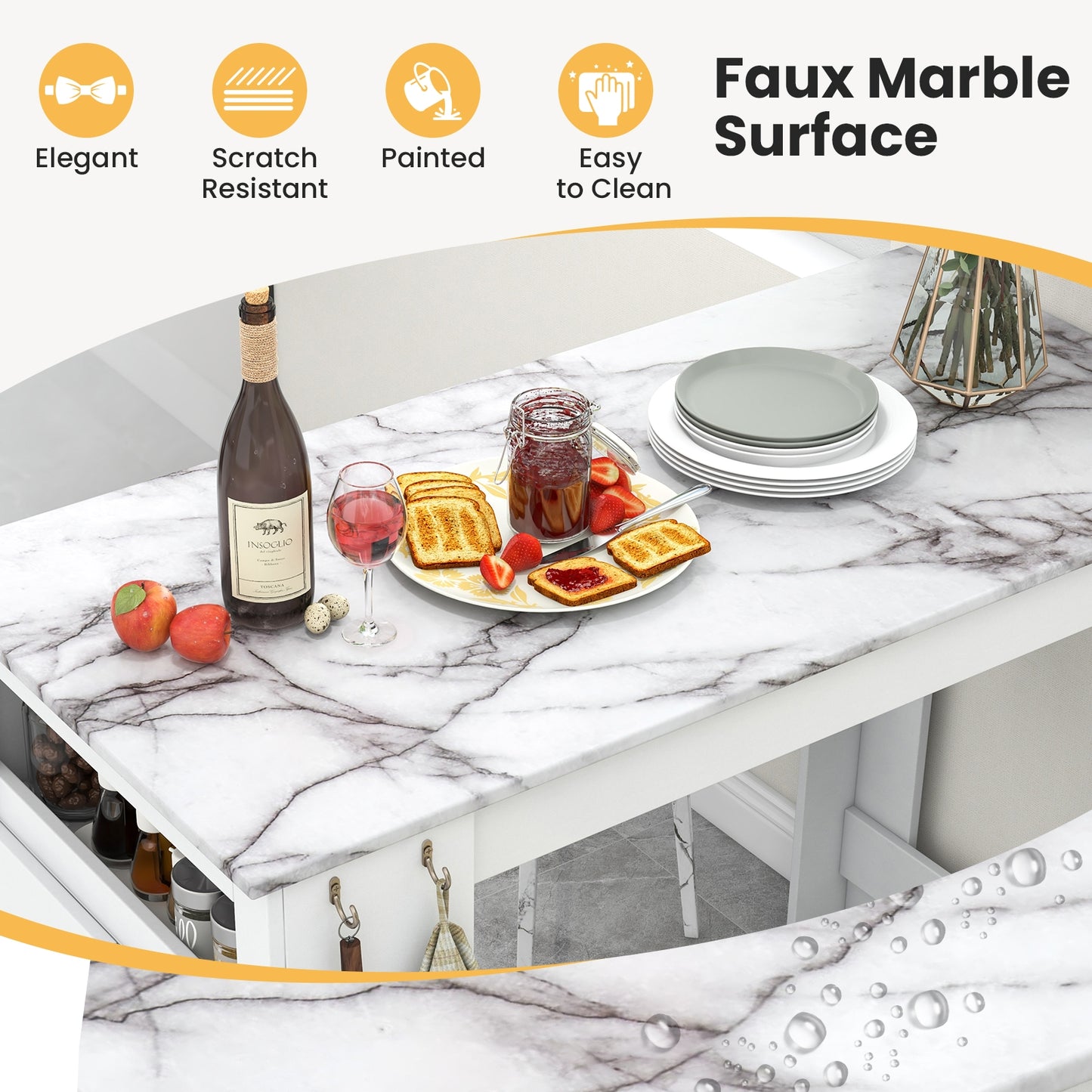 Faux Marble Bar Table with Storage Cabinet Hooks and Open Shelf for Dining or Kitchen