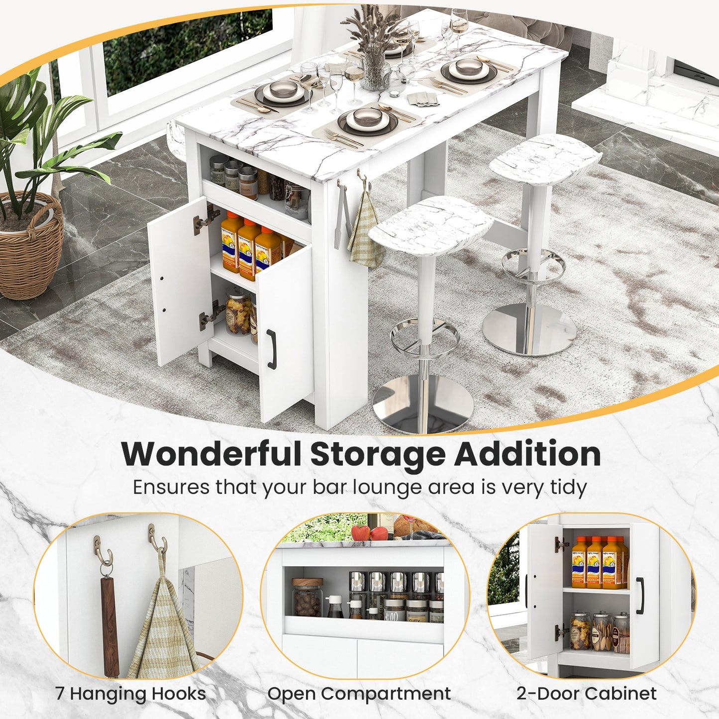 Faux Marble Bar Table with Storage Cabinet Hooks and Open Shelf for Dining or Kitchen