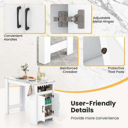 Faux Marble Bar Table with Storage Cabinet Hooks and Open Shelf for Dining or Kitchen