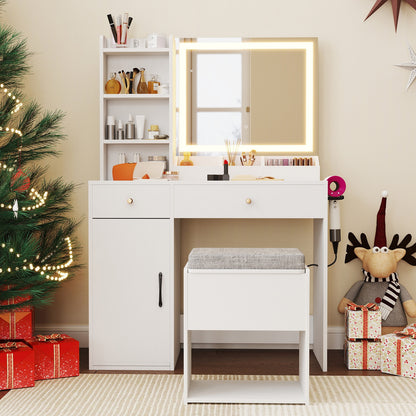 Lighted Makeup Vanity Desk with Mirror and Chair – White