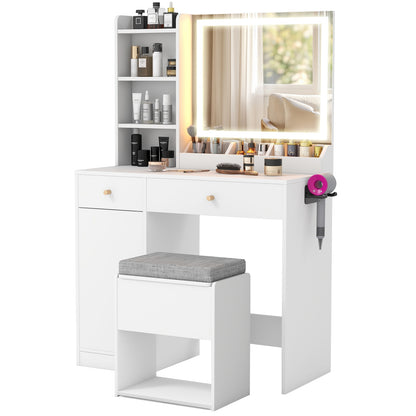Lighted Makeup Vanity Desk with Mirror and Chair – White