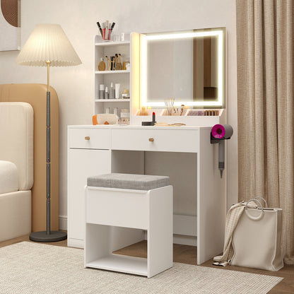 Lighted Makeup Vanity Desk with Mirror and Chair – White