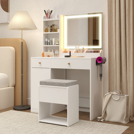 Lighted Makeup Vanity Desk with Mirror and Chair – White