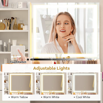 Lighted Makeup Vanity Desk with Mirror and Chair – White