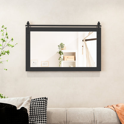 40 x 26 Inch Farmhouse Barn Door Style Wall Mirror with Solid Wood Frame and Metal Bracket - Black