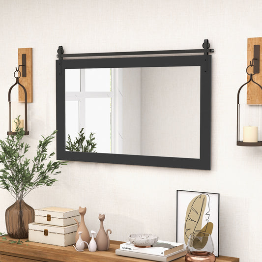 40 x 26 Inch Farmhouse Barn Door Style Wall Mirror with Solid Wood Frame and Metal Bracket - Black