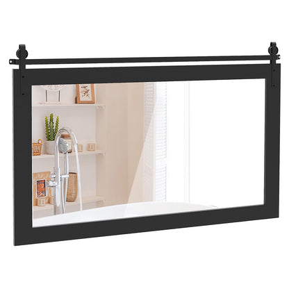 40 x 26 Inch Farmhouse Barn Door Style Wall Mirror with Solid Wood Frame and Metal Bracket - Black