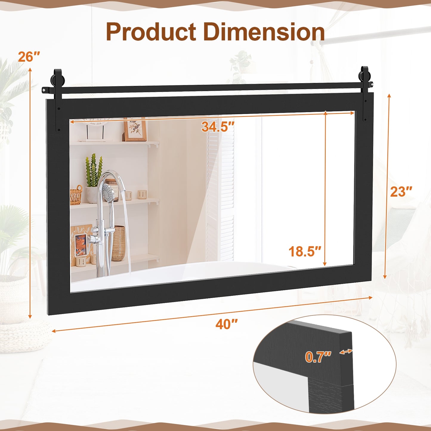 40 x 26 Inch Farmhouse Barn Door Style Wall Mirror with Solid Wood Frame and Metal Bracket - Black