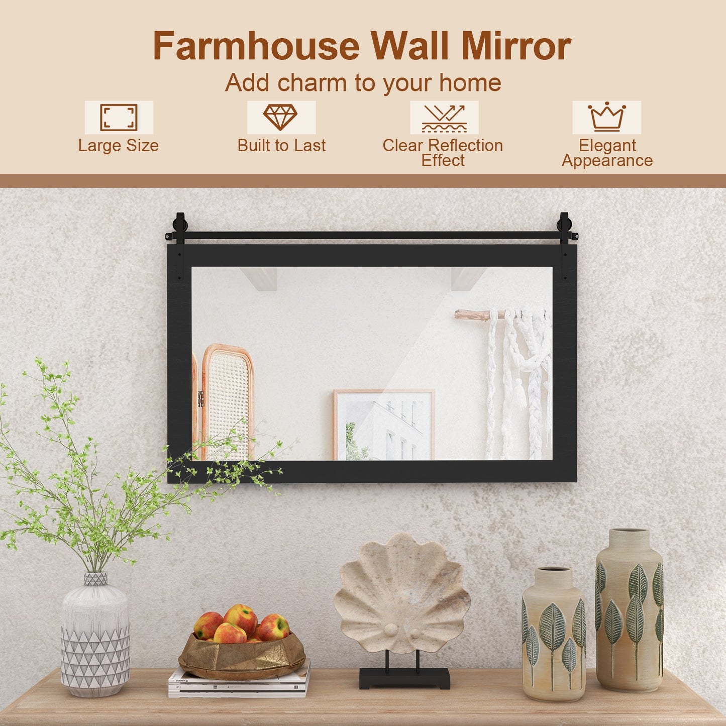 40 x 26 Inch Farmhouse Barn Door Style Wall Mirror with Solid Wood Frame and Metal Bracket - Black