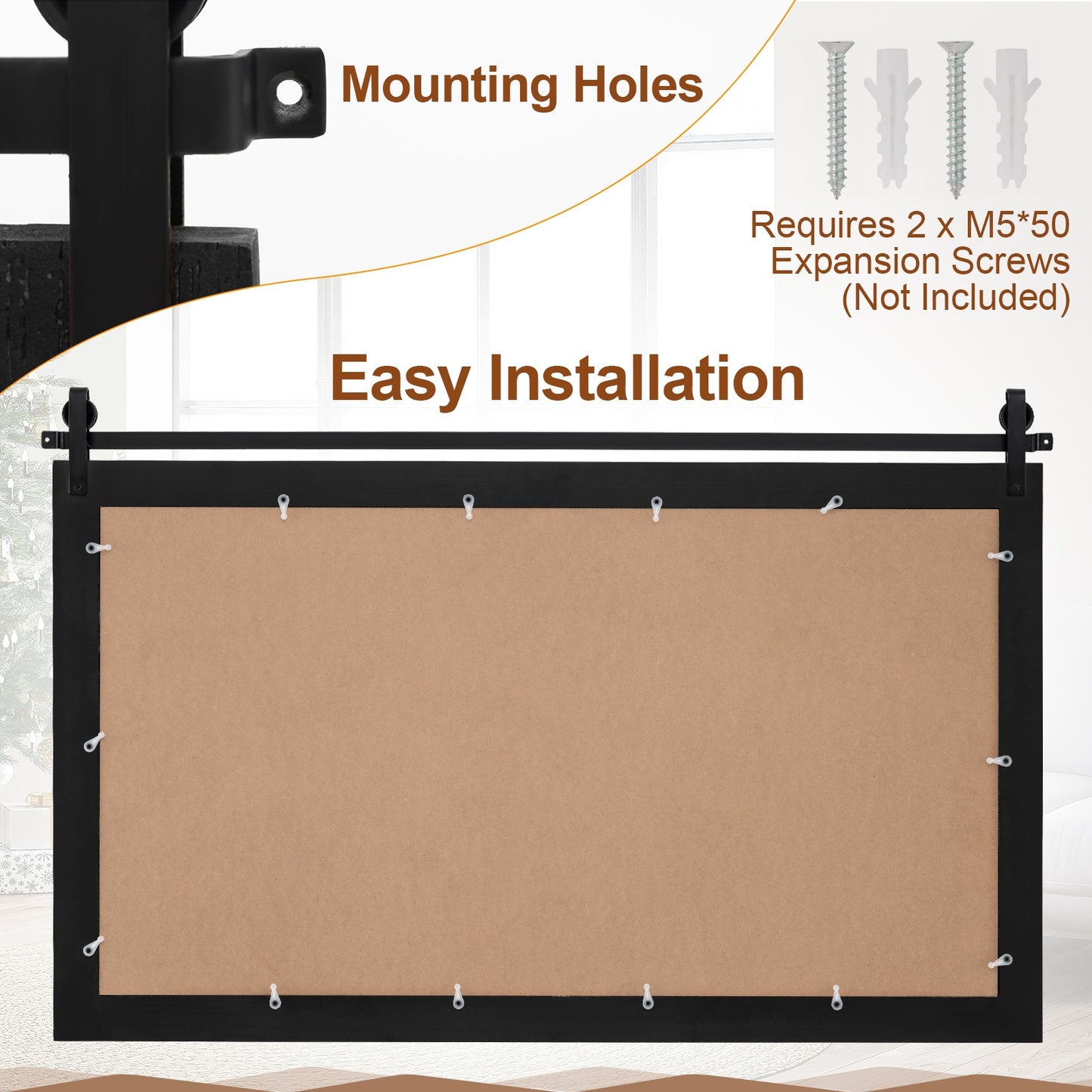 40 x 26 Inch Farmhouse Barn Door Style Wall Mirror with Solid Wood Frame and Metal Bracket - Black