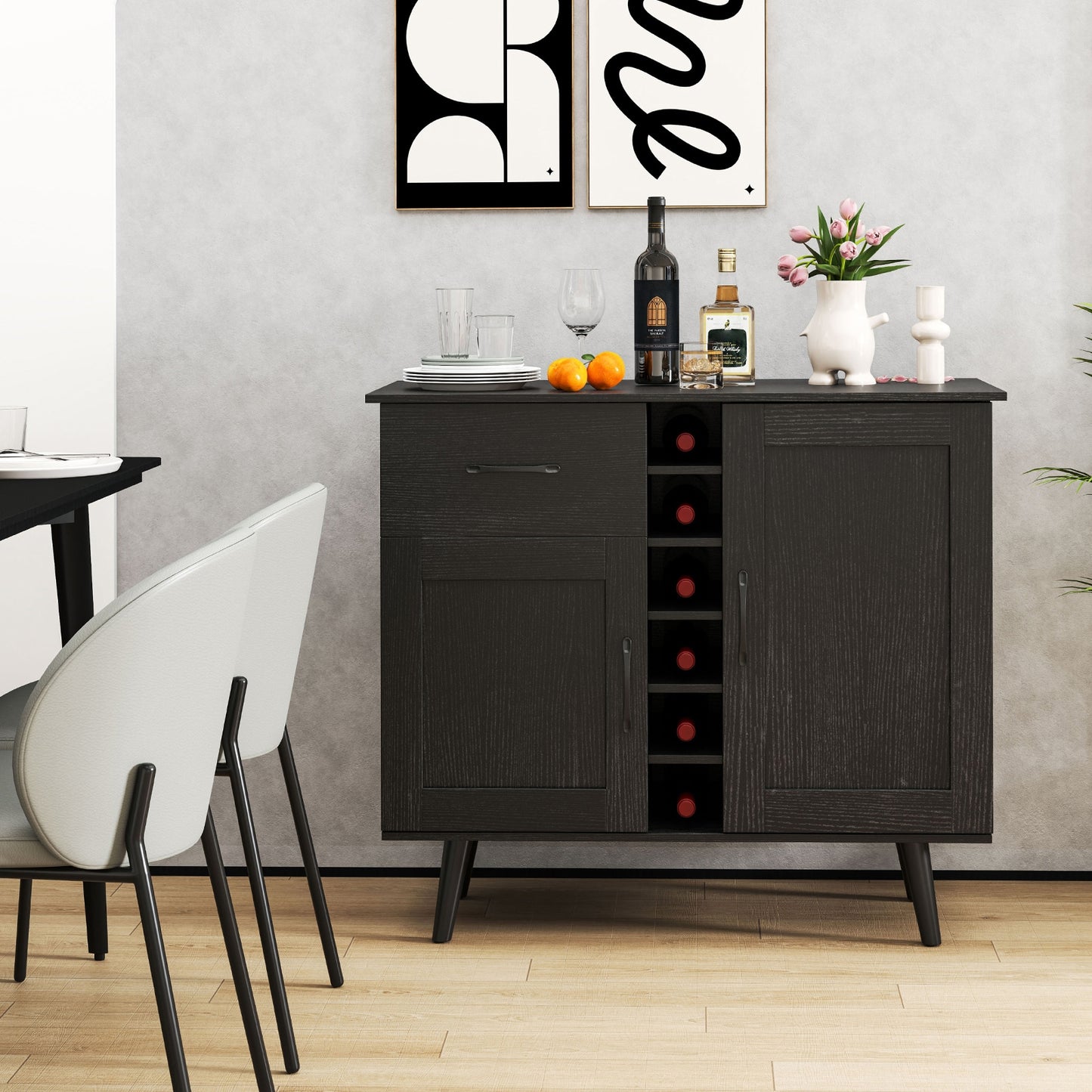 Modern Buffet Sideboard with 2 Cabinets, Storage Drawer and 6 Bottle Wine Rack - Black