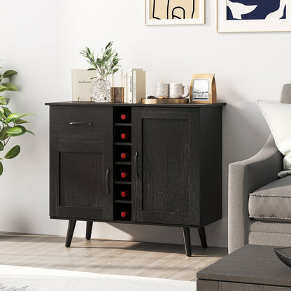 Modern Buffet Sideboard with 2 Cabinets, Storage Drawer and 6 Bottle Wine Rack - Black