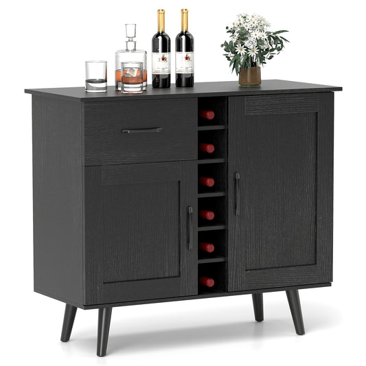 Modern Buffet Sideboard with 2 Cabinets, Storage Drawer and 6 Bottle Wine Rack - Black