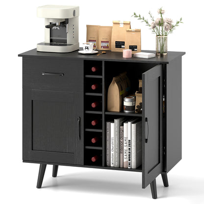 Modern Buffet Sideboard with 2 Cabinets, Storage Drawer and 6 Bottle Wine Rack - Black