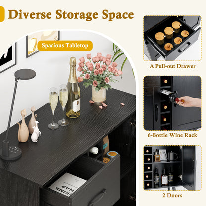 Modern Buffet Sideboard with 2 Cabinets, Storage Drawer and 6 Bottle Wine Rack - Black