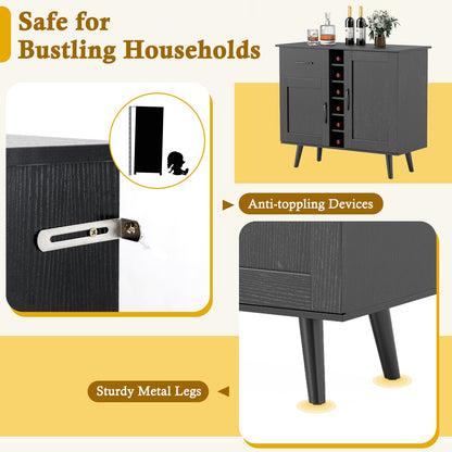 Modern Buffet Sideboard with 2 Cabinets, Storage Drawer and 6 Bottle Wine Rack - Black