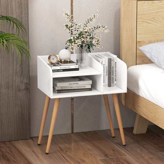 Mid-Century Modern Nightstand with Open Shelves and Side Storage, White Finish