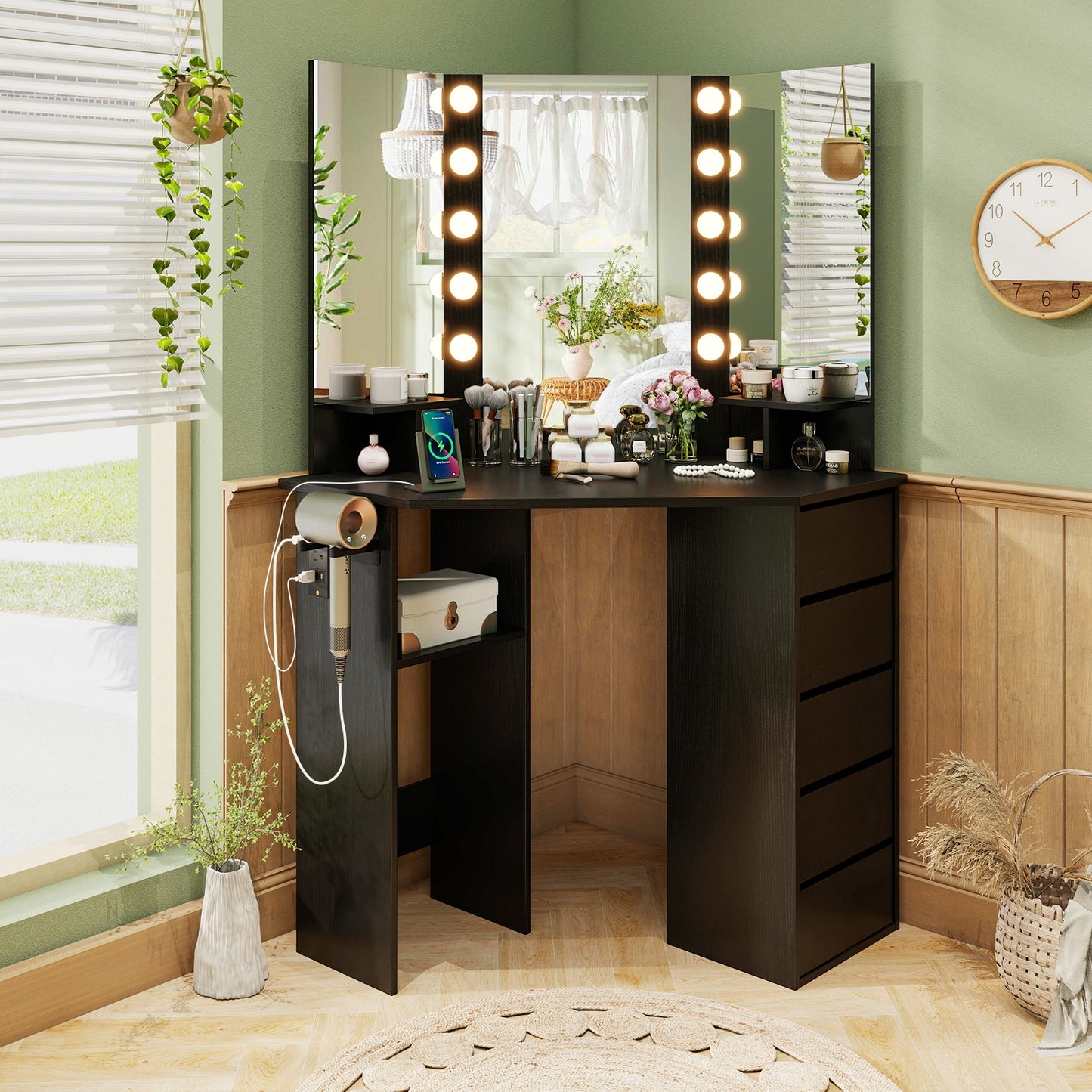 Corner Vanity Desk and Chair Set with LED Lighted Mirror and Charging Station – Black