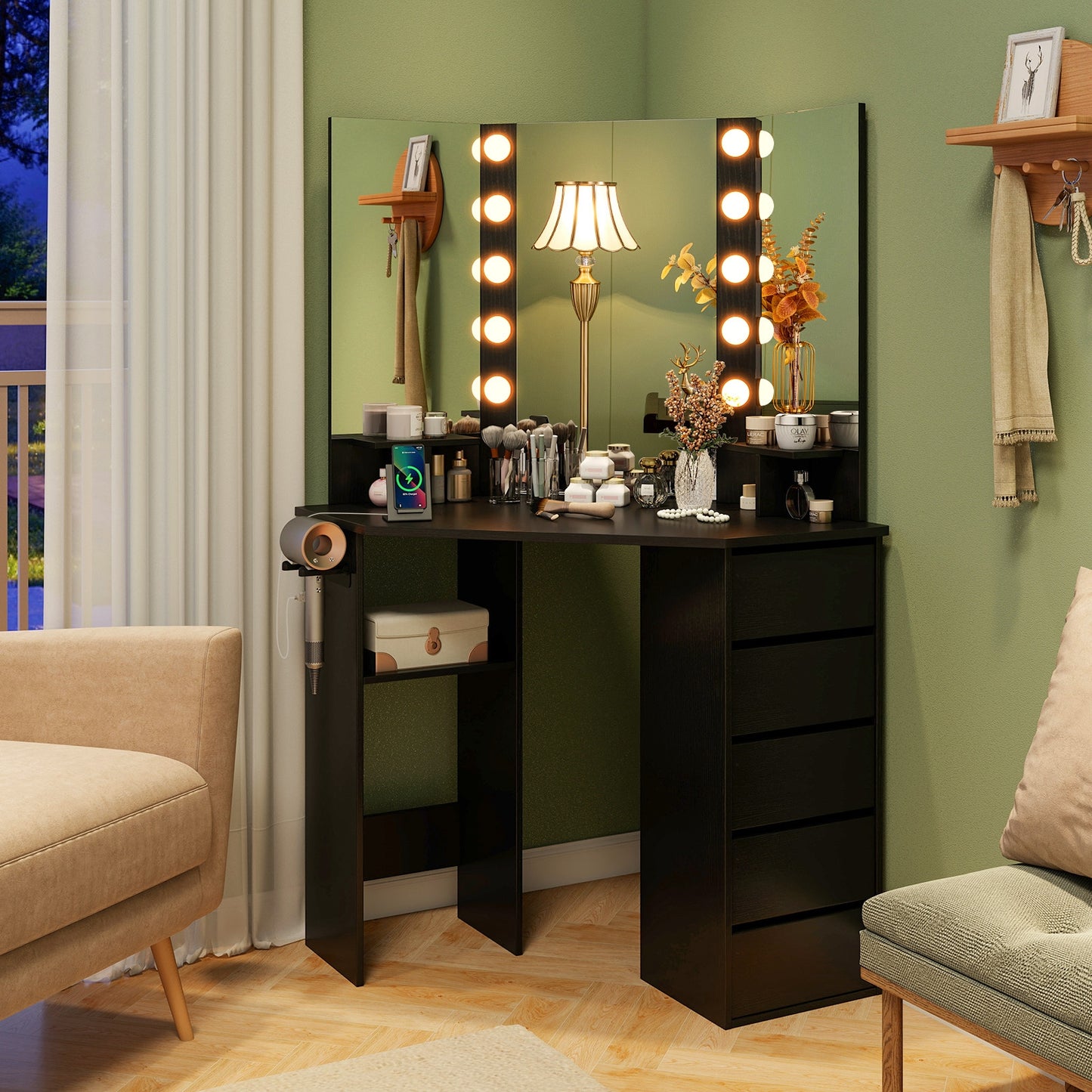 Corner Vanity Desk and Chair Set with LED Lighted Mirror and Charging Station – Black