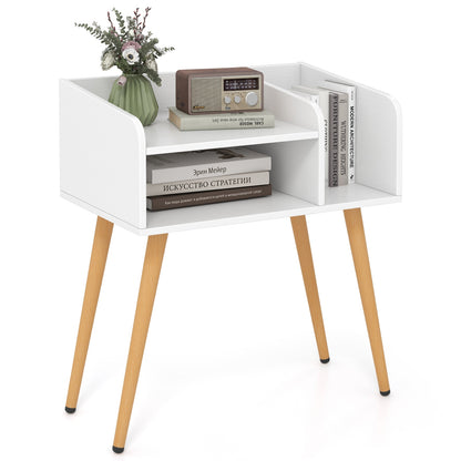 Mid-Century Modern Nightstand with Open Shelves and Side Storage, White Finish