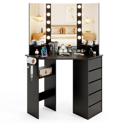 Corner Vanity Desk and Chair Set with LED Lighted Mirror and Charging Station – Black