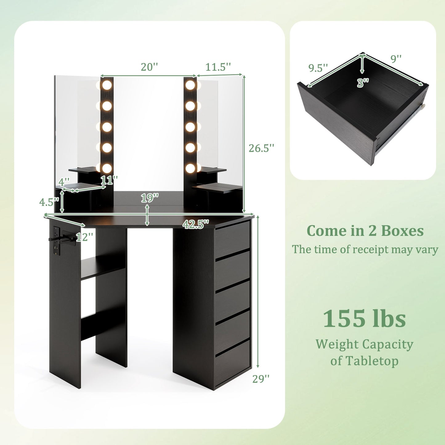 Corner Vanity Desk and Chair Set with LED Lighted Mirror and Charging Station – Black