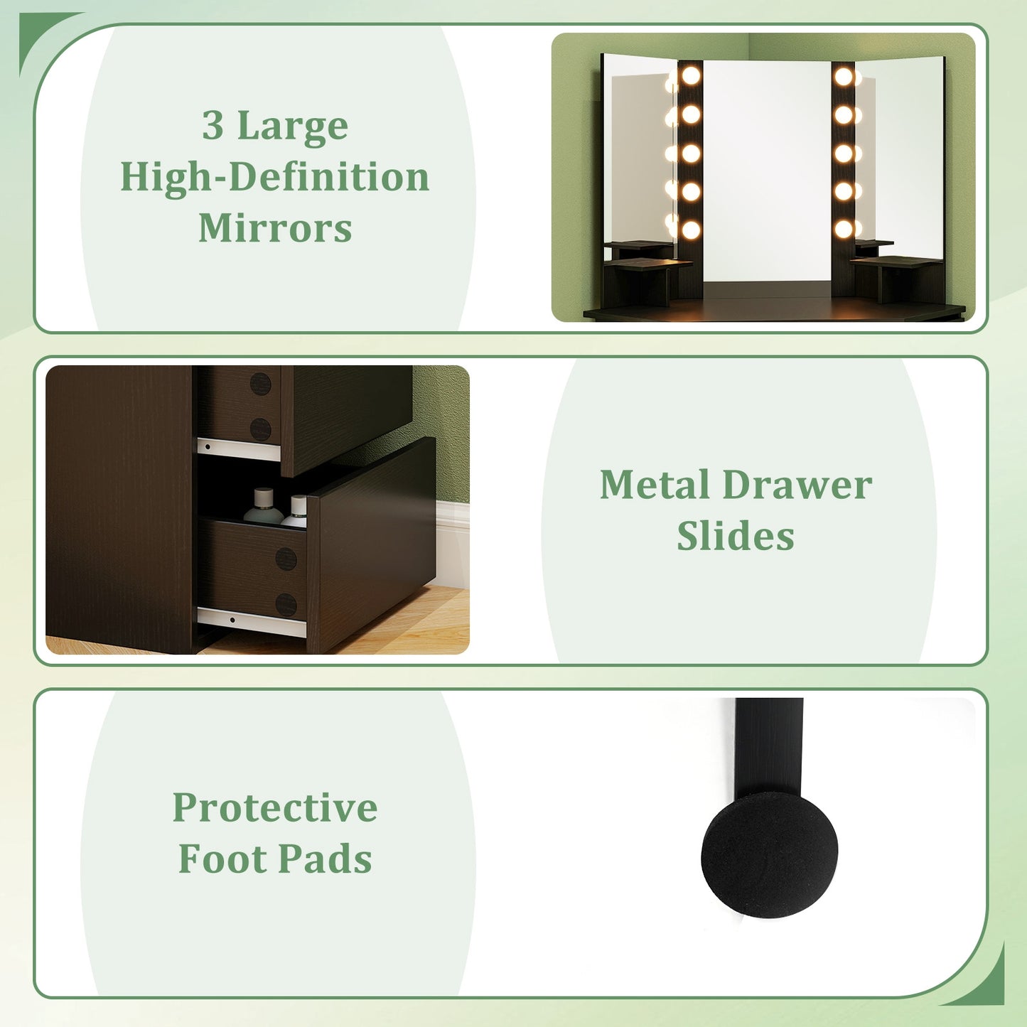 Corner Vanity Desk and Chair Set with LED Lighted Mirror and Charging Station – Black