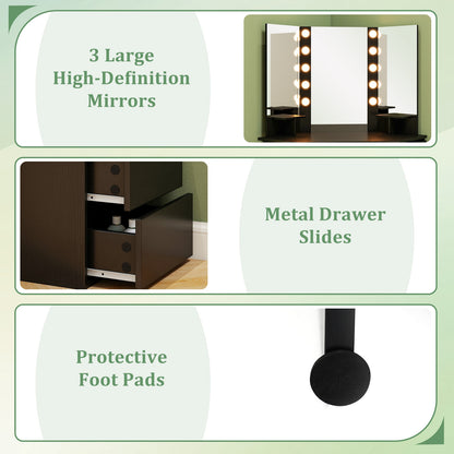 Corner Vanity Desk and Chair Set with LED Lighted Mirror and Charging Station – Black