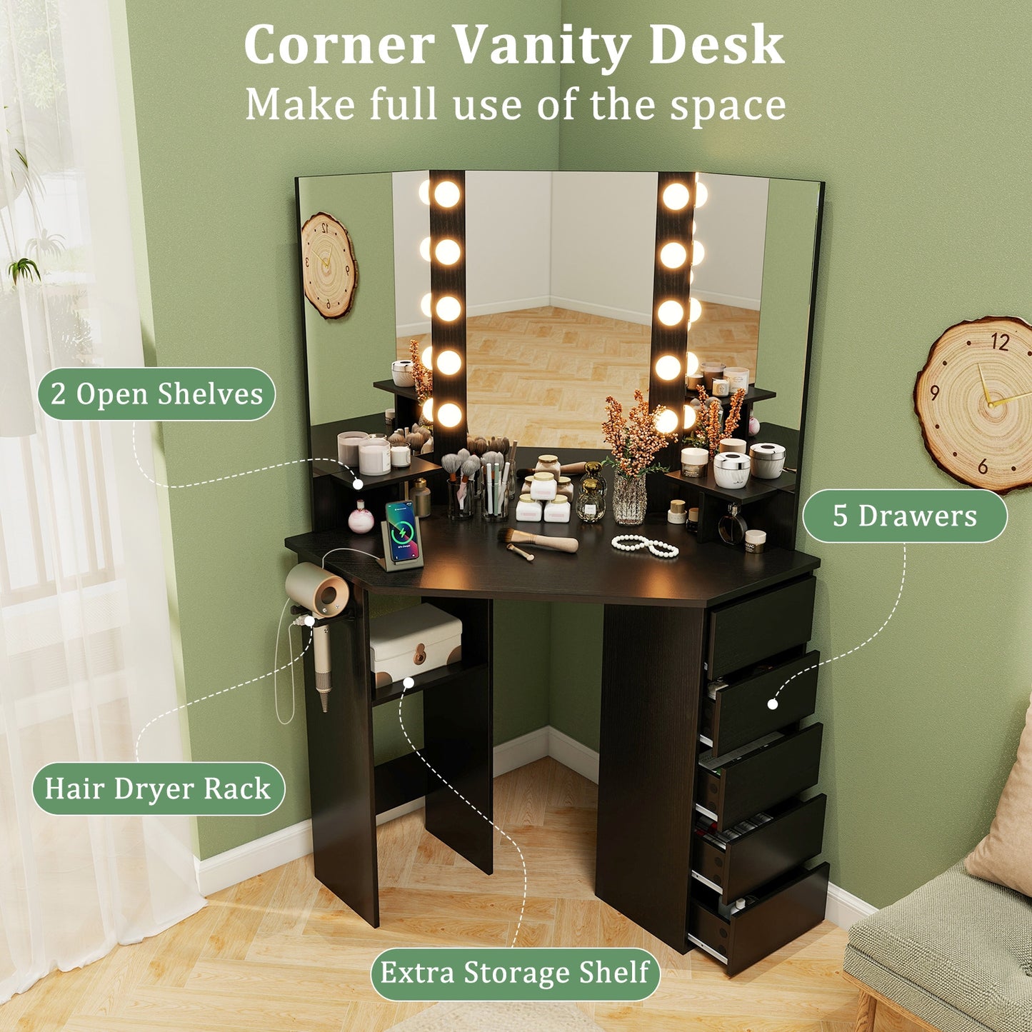 Corner Vanity Desk and Chair Set with LED Lighted Mirror and Charging Station – Black
