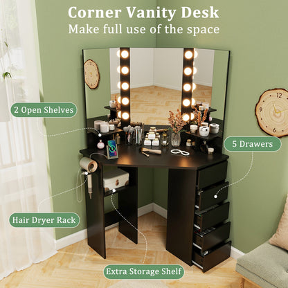 Corner Vanity Desk and Chair Set with LED Lighted Mirror and Charging Station – Black