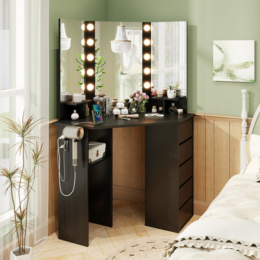Corner Vanity Desk and Chair Set with LED Lighted Mirror and Charging Station – Black