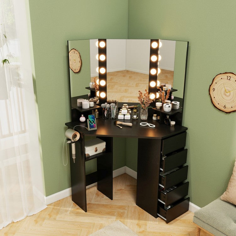 Corner Vanity Desk and Chair Set with LED Lighted Mirror and Charging Station – Black