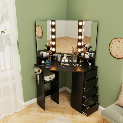 Corner Vanity Desk and Chair Set with LED Lighted Mirror and Charging Station – Black
