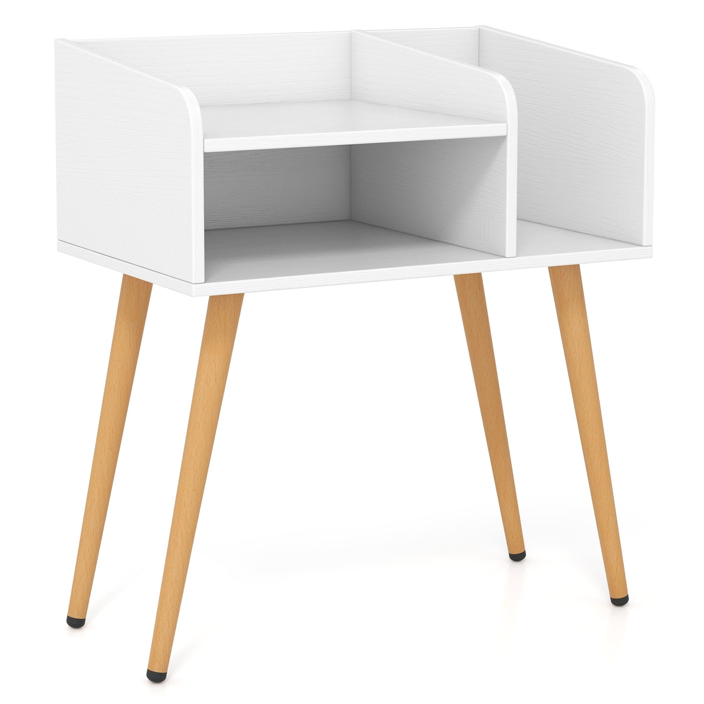 Mid-Century Modern Nightstand with Open Shelves and Side Storage, White Finish