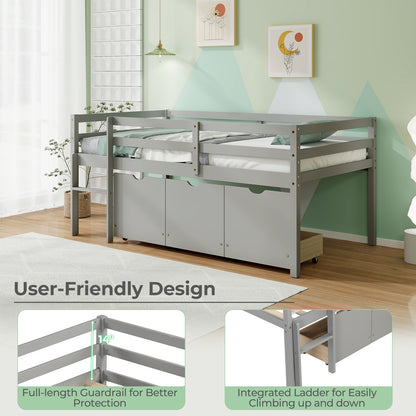 Kids Twin Low Loft Bed with 3 Storage Drawers and Safety Guardrails – Grey