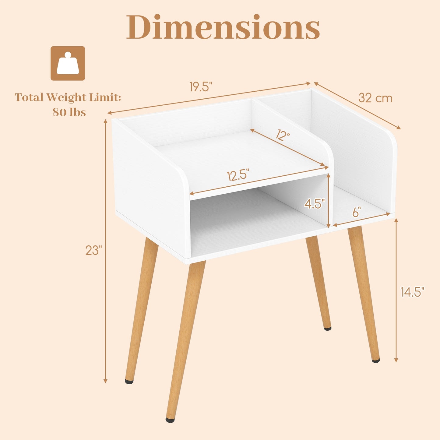 Mid-Century Modern Nightstand with Open Shelves and Side Storage, White Finish
