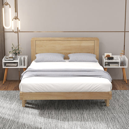 Mid-Century Modern Nightstand with Open Shelves and Side Storage, White Finish
