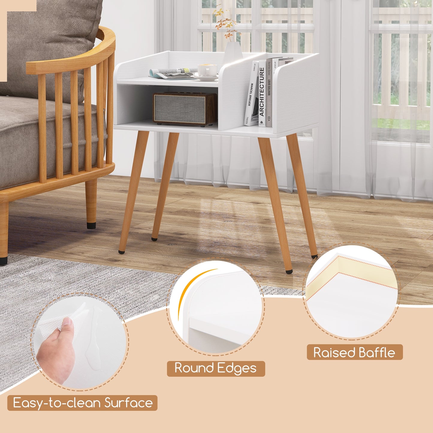 Mid-Century Modern Nightstand with Open Shelves and Side Storage, White Finish