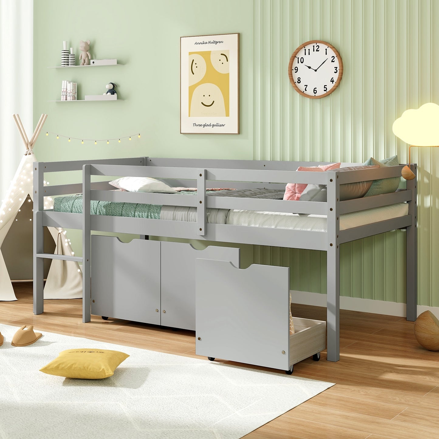 Kids Twin Low Loft Bed with 3 Storage Drawers and Safety Guardrails – Grey