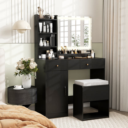 Lighted Makeup Vanity Desk with Mirror and Chair – Black