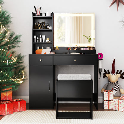 Lighted Makeup Vanity Desk with Mirror and Chair – Black