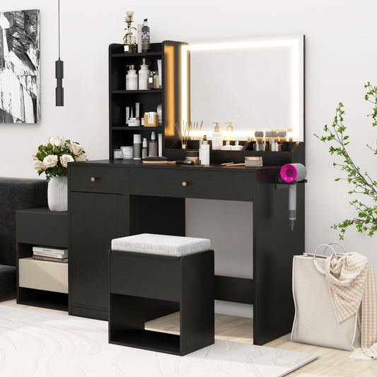 Lighted Makeup Vanity Desk with Mirror and Chair – Black