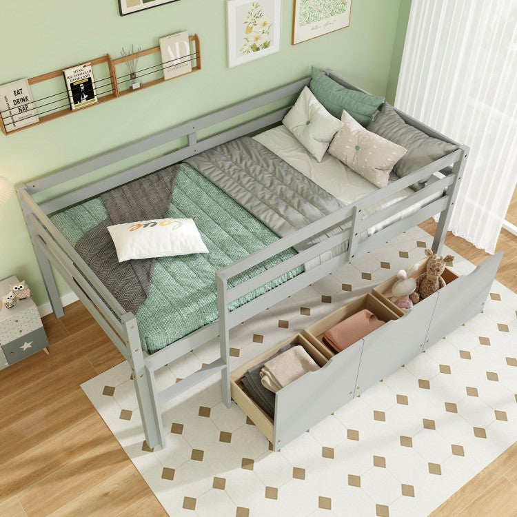 Kids Twin Low Loft Bed with 3 Storage Drawers and Safety Guardrails – Grey