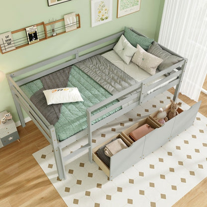 Kids Twin Low Loft Bed with 3 Storage Drawers and Safety Guardrails – Grey