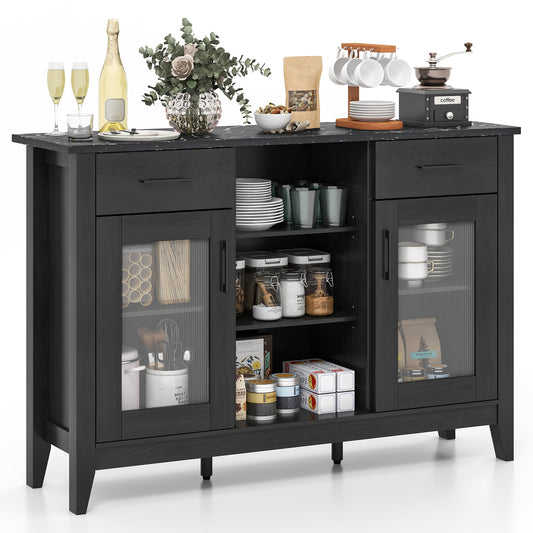 Modern Sideboard Buffet with 2 Drawers and Adjustable Storage Shelves - Black