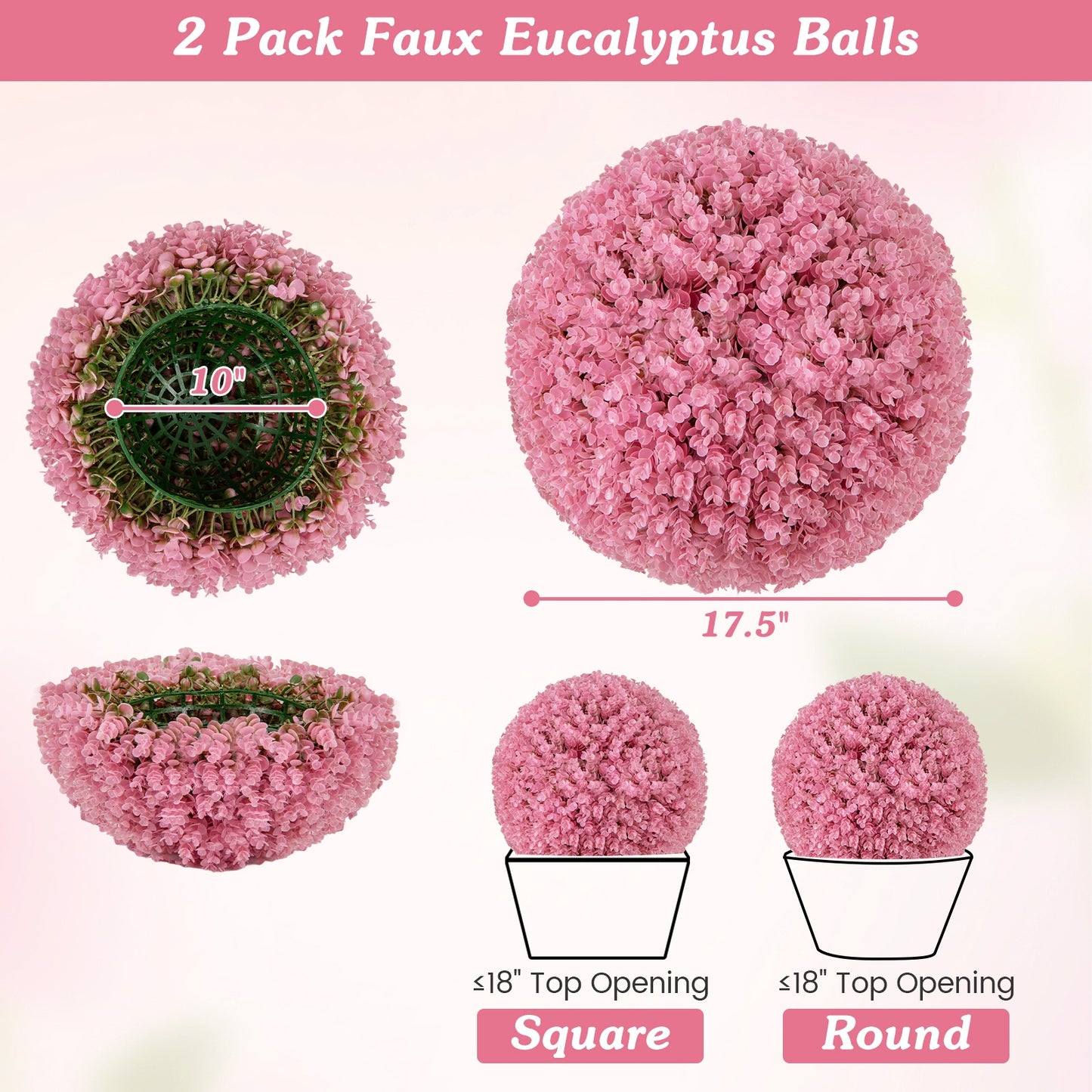 17.5" Faux Pink Eucalyptus Topiary Balls with 7 Layer Leaves for Garden, Porch & Wedding Decor