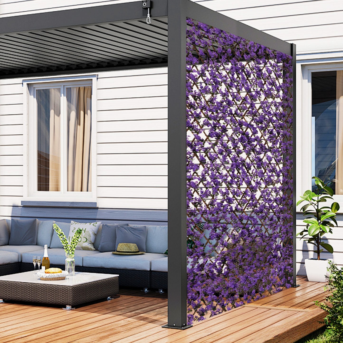 Faux Purple Eucalyptus Privacy Panel with Willow Frame for Balcony & Patio