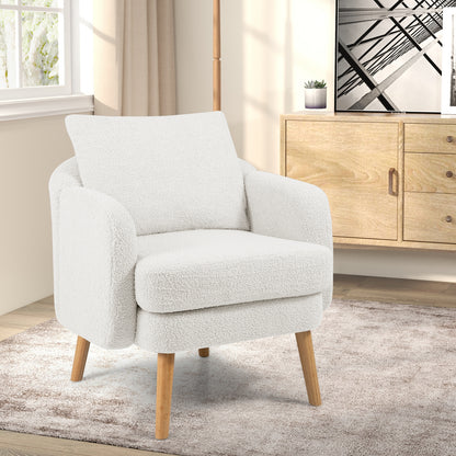 Modern Sherpa Upholstered Accent Chair with Plush Cushion and Wooden Legs – White